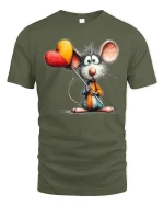 Cute Mouse With Heart Balloons Whimsical Art Graphic T Shirt - military green t-shirt on white background