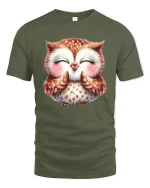 Cute Blushing Owl Illustration Graphic T Shirt Sweet Smile - military green t-shirt on white background