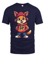 Cute Street Style Dog With Hoodie And Headphones Graphic T Shirt - navy t-shirt on white background