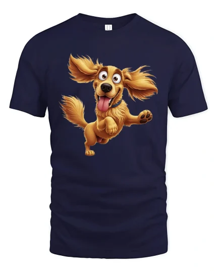 Funny Happy Dog Jumping Cartoon Illustration Graphic T Shirt - navy t-shirt on white background