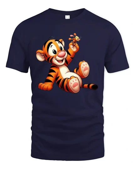 Cute Playful Tiger Cartoon Butterfly Art Graphic T Shirt - navy t-shirt on white background