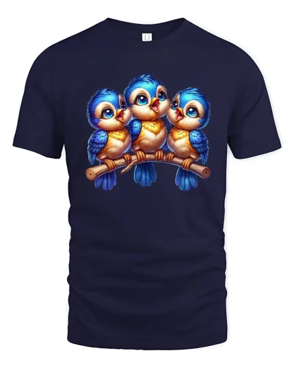 Cute Blue Birds Cartoon Family Art Illustration Graphic T Shirt - navy t-shirt on white background