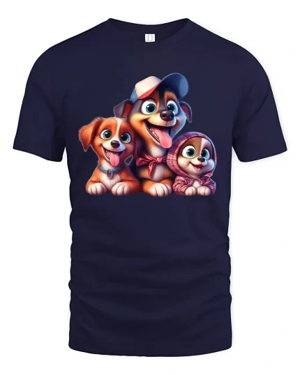 Cute Cartoon Dog Family Smiling Puppy Illustration Graphic T Shirt - navy t-shirt on white background