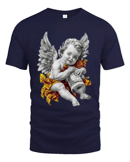 Angel Cherub Money Art Luxury Vintage Style Graphic T Shirt - navy t-shirt on white background