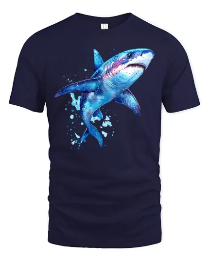 Watercolor Shark Ocean Art Graphic T Shirt Bold Sea Style - navy t-shirt on white background