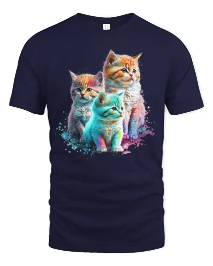 Colorful Watercolor Kittens Art Graphic T Shirt Cute Cat Style - navy t-shirt on white background