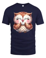 Cute Blushing Owl Illustration Graphic T Shirt Sweet Smile - navy t-shirt on white background