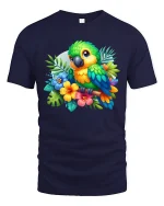 Colorful Parrot Tropical Art Graphic T Shirt Nature Style - navy t-shirt on white background