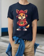 Cute Street Style Dog With Hoodie And Headphones Graphic T Shirt - model wearing navy tee with hands in pockets