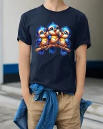 Cute Blue Birds Cartoon Family Art Illustration Graphic T Shirt - model wearing navy tee with hands in pockets