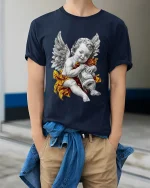 Angel Cherub Money Art Luxury Vintage Style Graphic T Shirt - model wearing navy tee with hands in pockets