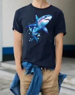 Watercolor Shark Ocean Art Graphic T Shirt Bold Sea Style - model wearing navy tee with hands in pockets