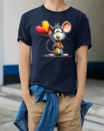 Cute Mouse With Heart Balloons Whimsical Art Graphic T Shirt - model wearing navy tee with hands in pockets