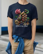 Born To Be Rich Snake Rose Luxury Graphic T Shirt Power - model wearing navy tee with hands in pockets