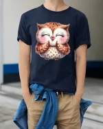 Cute Blushing Owl Illustration Graphic T Shirt Sweet Smile - model wearing navy tee with hands in pockets