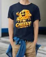 Im Cheesy Funny Cartoon Cheese Graphic T Shirt Smile - model wearing navy tee with hands in pockets