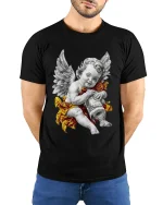 Angel Cherub Money Art Luxury Vintage Style Graphic T Shirt - model wearing black tee with hands behind back