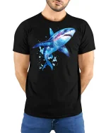 Watercolor Shark Ocean Art Graphic T Shirt Bold Sea Style - model wearing black tee with hands behind back