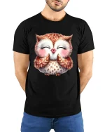 Cute Blushing Owl Illustration Graphic T Shirt Sweet Smile - model wearing black tee with hands behind back