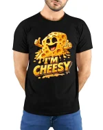Im Cheesy Funny Cartoon Cheese Graphic T Shirt Smile - model wearing black tee with hands behind back