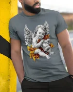 Angel Cherub Money Art Luxury Vintage Style Graphic T Shirt - model wearing grey tee, leaning on column
