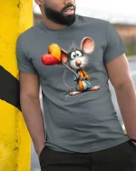 Cute Mouse With Heart Balloons Whimsical Art Graphic T Shirt - model wearing grey tee, leaning on column