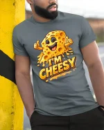 Im Cheesy Funny Cartoon Cheese Graphic T Shirt Smile - model wearing grey tee, leaning on column