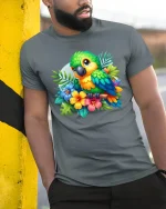 Colorful Parrot Tropical Art Graphic T Shirt Nature Style - model wearing grey tee, leaning on column