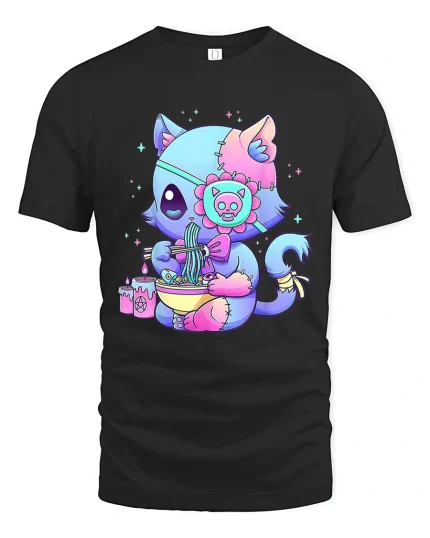 Kawaii Gothic Cat Noodle Lover Tee Cute Spooky Aesthetic Art - black t-shirt on white background