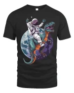 Astronaut Riding Dinosaur Space Adventure Art Tee Funny Sci Fi - black t-shirt on white background