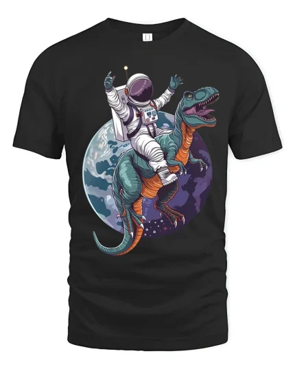 Astronaut Riding Dinosaur Space Adventure Art Tee Funny Sci Fi - black t-shirt on white background
