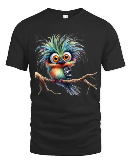 Cute Colorful Fluffy Bird Art Tee Whimsical Fantasy Illustration - black t-shirt on white background