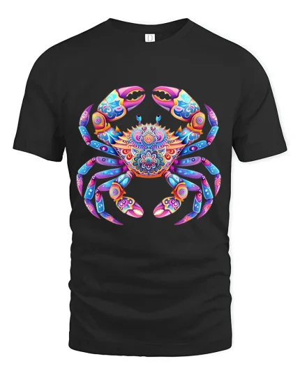 Colorful Mandala Crab Art Tee Vibrant Ocean Inspired Design - black t-shirt on white background