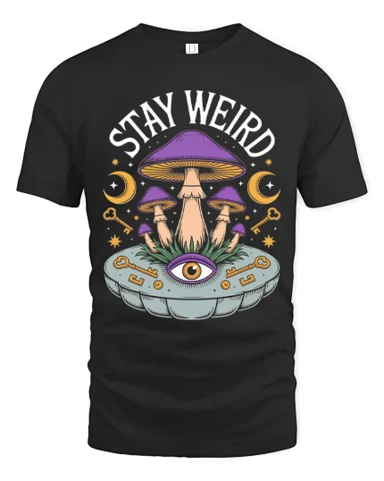 Stay Weird Psychedelic Mushroom Eye Art Tee Cosmic Style - black t-shirt on white background