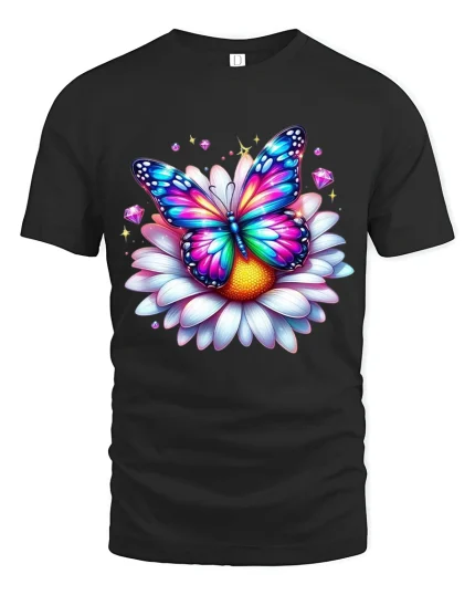 Colorful Butterfly Flower Art Tee Magical Nature Illustration - black t-shirt on white background