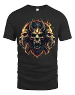 Fiery Demon Skull Trio Art Tee Dark Fantasy Power Design - black t-shirt on white background