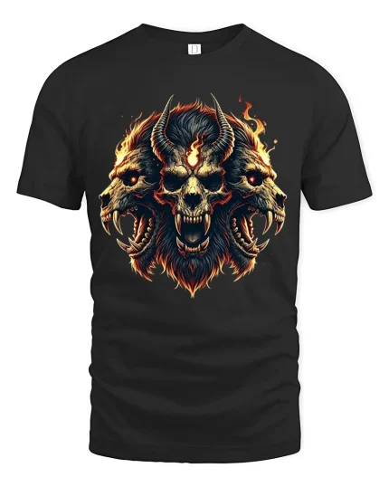 Fiery Demon Skull Trio Art Tee Dark Fantasy Power Design - black t-shirt on white background