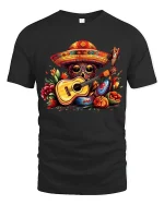 Colorful Skull Guitar Art Tee Vibrant Music Fiesta Illustration - black t-shirt on white background