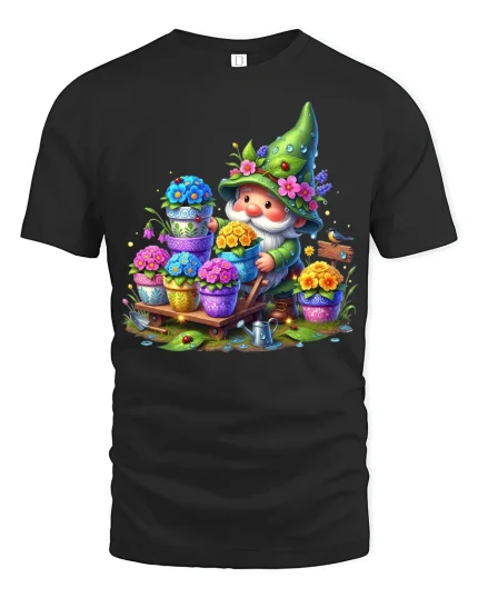 Cute Garden Gnome Flower Art Tee Whimsical Fantasy Illustration - black t-shirt on white background