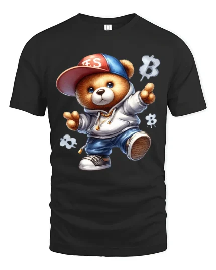 Cool Street Teddy Bear Art Tee Cute Hip Hop Style - black t-shirt on white background