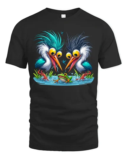 Funny Big Eye Birds Watching Frog Art Tee Whimsical Nature - black t-shirt on white background