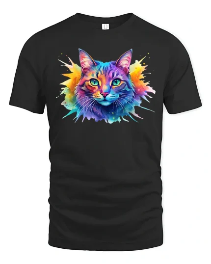 Colorful Splash Cat Art Tee Vibrant Artistic Illustration - black t-shirt on white background