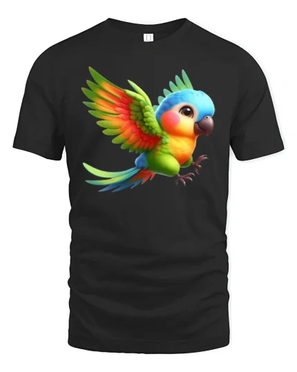 Cute Colorful Flying Parrot Art Tee Bright Tropical Style - black t-shirt on white background