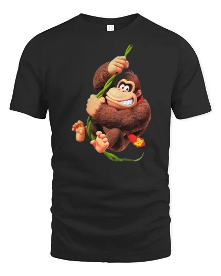 Funny Jungle Ape Swinging Vine Cartoon Art Tee Playful Style - black t-shirt on white background