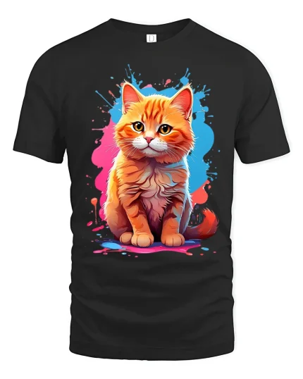 Cute Orange Kitty Paint Splash Art Tee Adorable Cat Illustration - black t-shirt on white background