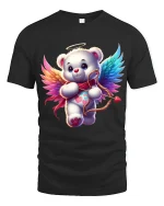 Cute Angel Bear Cupid Art Tee Adorable Love Fantasy Illustration - black t-shirt on white background