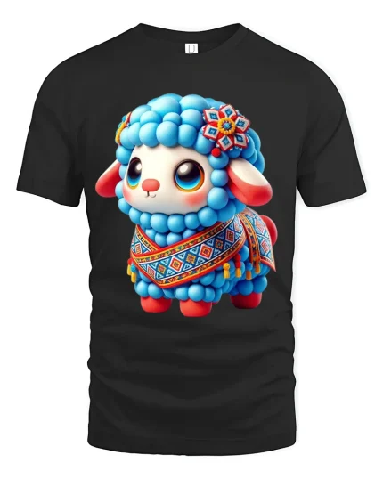 Cute Blue Sheep Folk Art Tee Adorable Colorful Animal Design - black t-shirt on white background