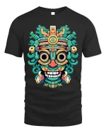 Colorful Tribal Mask Art Tee Bold Aztec Inspired Street Design - black t-shirt on white background