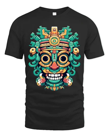 Colorful Tribal Mask Art Tee Bold Aztec Inspired Street Design - black t-shirt on white background
