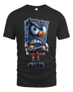 Angry Cartoon Sponge Character Art Tee Funny Grumpy Mood Style - black t-shirt on white background